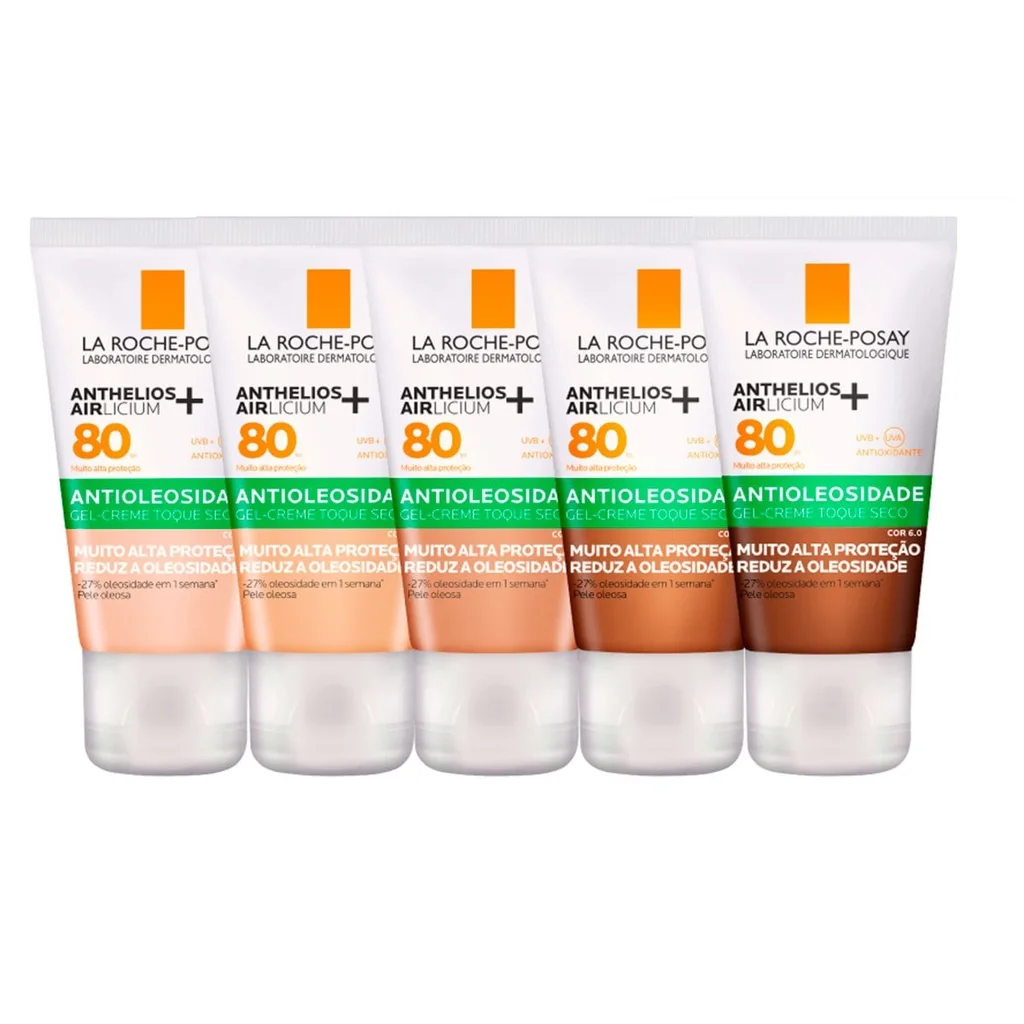 Cinco bisnagas do La Roche-Posay Anthelios Airlicium+ FPS 80 com cor, do tom mais claro ao mais escuro