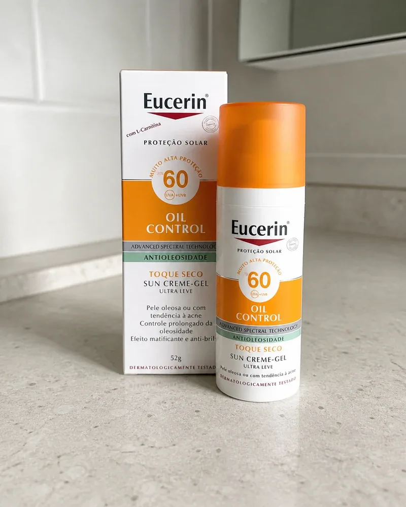 Frasco laranja do Eucerin Oil Control FPS 60 e a caixa, na bancada