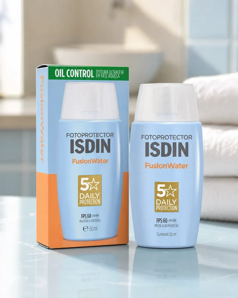 Frasco azul do ISDIN Fusion Water FPS 60 ao lado da caixa, na bancada
