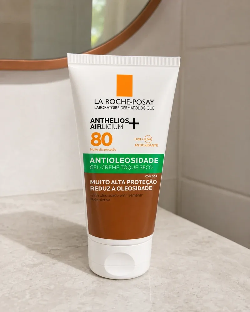 Bisnaga do Anthelios Airlicium+ FPS 80 com cor de pé na pia do banheiro